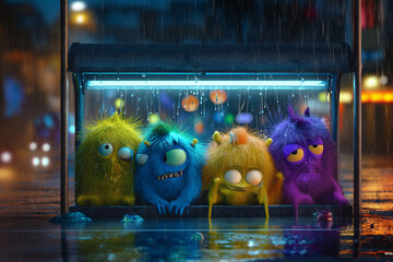 A group of cute colorful alien monsters stuck together under the heavy rain in the city. A rainy night with fog - 721896034