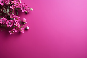 Top view of a pink flowers on a purple background with copy space