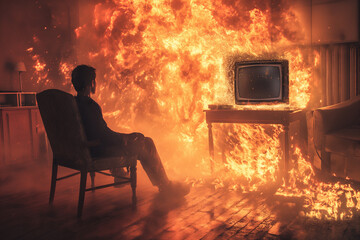 A person sitting calmly in a chair in a room caught on fire. A meme scene depicting someone not caring about the destruction of surroundings.
