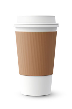 A classic white disposable coffee cup with a cardboard sleeve, isolated on transparent background