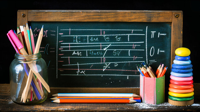 Educational Blackboard in Classroom, Chalk Drawings for Science and Mathematics