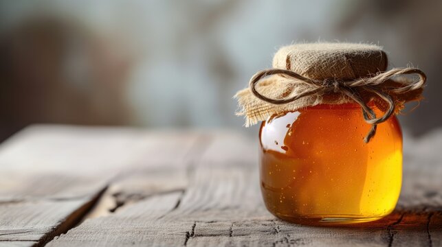 Golden honey in a glass jar on a wooden table with copy space.