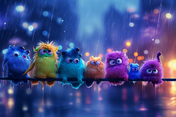A group of cute colorful alien monsters stuck together under the heavy rain in the city. A rainy night with fog - 721896633