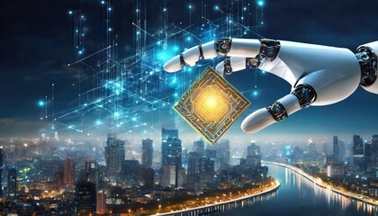 artificial intelligence, an humanoid robot hand holds an artificial intelligence chip