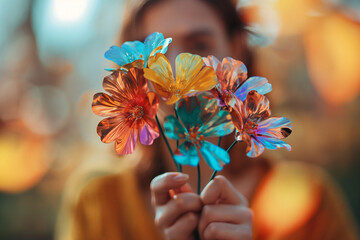 A woman with a blurred face holding colorful flowers made of mirrors in her hands - 721896851