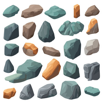 Cartoon big set of rock stones. Isometric 3D flat style stones and rocks. Different boulders set. Various shapes of cobblestones. Vector Illustration. Generative AI.