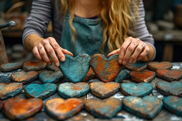 Close-up of hands crafting personalized heart-shaped bookmarks with love quotes