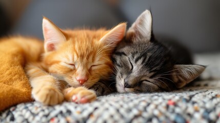 Two kittens are sleeping in an embrace.