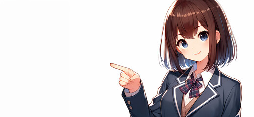 指差しポーズをする笑顔の日本人の女子高校生。
画像生成AI.