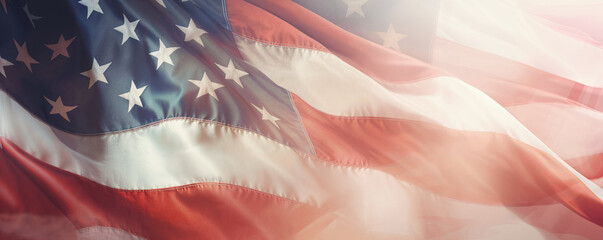 flying and waving fabric in the colors of the national flag of united states of America as wide graphic banner for political or elections with empty copy space