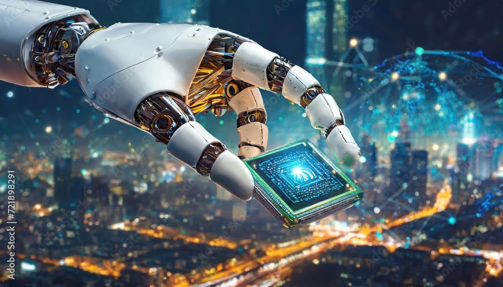 Poster artificial intelligence, an humanoid robot hand holds an artificial intelligence chip