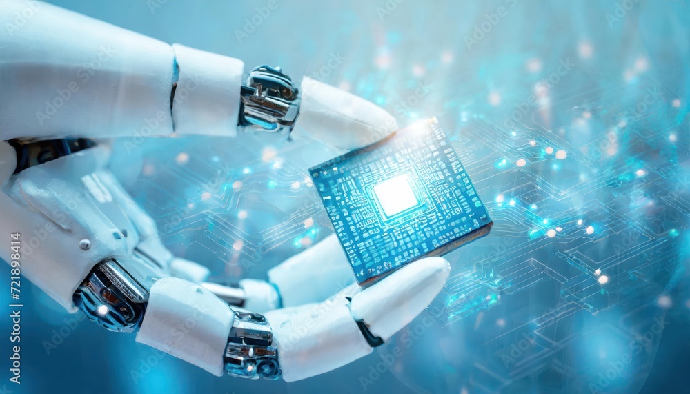 Poster artificial intelligence, an humanoid robot hand holds an artificial intelligence chip