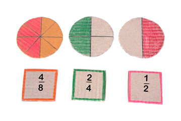Math teaching materials about fraction. Circle paper to show parts of color separation, white...