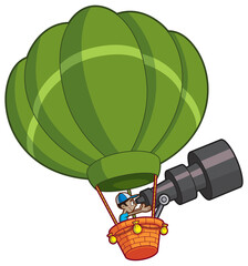 cartoon boy in hot air balloon with giant telescope