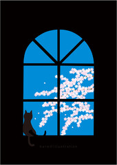 部屋の窓から桜の花を見ている黒ネコ　その2