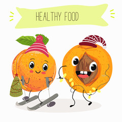 Cute  cartoon apricot, peach characters with different activities. Flat vector illustration, funny fruits. Organic food.