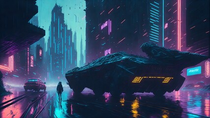 In this visually striking 4k cyberpunk illustration, a futuristic cityscape comes to life with a mesmerizing combination of neon lights, hovering vehicles, and rain-soaked streets.