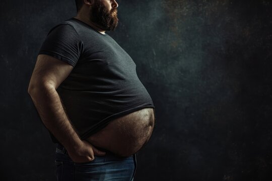 Fat man with a beard on a dark background. The concept of obesity and overweight. The concept of obesity. Obesity Concept with Copy Space.