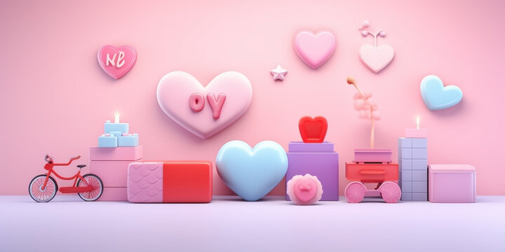 cute Decorative banners with cute love-themed patterns and characters, love-themed decorations, love element, soft lighting, soft pastel colors, 3d icon clay render, blender 3d, pastel background