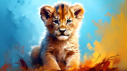 Lion cub, a small young beautiful red kitten, smart, with big eyes, cartoon character