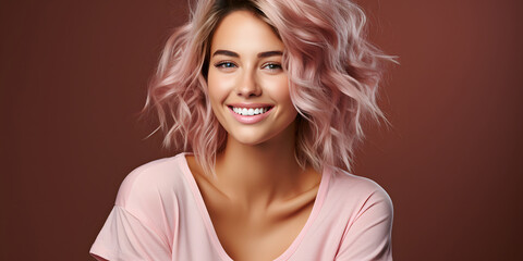 Pretty Smiling Joyfully Young Woman with Pink Short Hair, Isolated on Blank Pink Studio Background