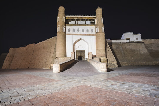 Night evening exterior of the Ark Citadel in the ancient city of Bukhara in Uzbekistan, gate of the citadel