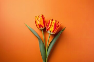 Orange tulips on orange background. Valentines background. Beautiful Tulips flowers isolated on orange Background. Springtime flowers for Womens Day, Wedding, Birthday
