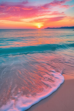 Sunset on the beach with colorful sky and sea.