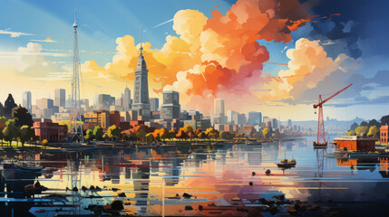 Breathtaking Urban Sunset: Mesmerizing Cityscapes with Glowing Lights, Skyline, and Reflections by...