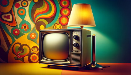 a retro television and lamps with a backdrop of vibrant 80's colors