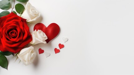 Red heart white rose and Valentine's Day greeting card ,white background. Generative Ai