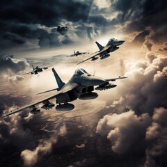 Fototapeta na wymiar Military jets fighting in the sky