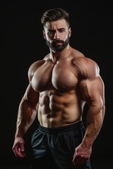 Fototapeta na wymiar Handsome Caucasian muscled bearded bodybuilder man posing against black background