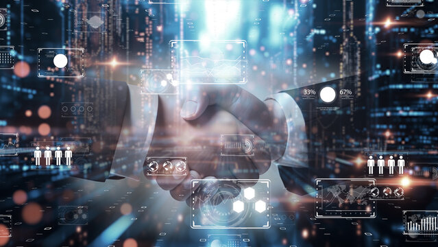 デジタルの世界で成功したビジネスパーソンの握手、DX サイバーセキュリティ、インターネット安全。