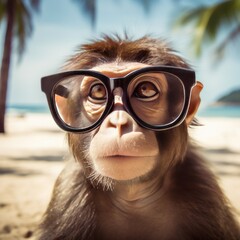 Monkey at Beach Wearing Eye Glasses