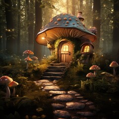 Mushroom fairy house in an enchanted forest