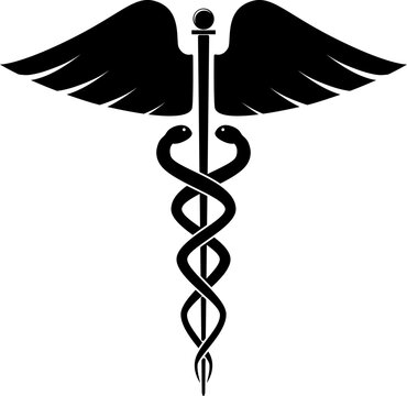 Classical, simple, and clean medical symbol of  Caduceus, similar to the Rod of Asclepius but with two snakes, Medical or therapeutical snakes, and a wand with wings, a health care icon