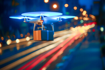 Flying drone deliver parcel at night time .