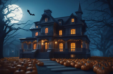 Fototapeta na wymiar Halloween background. Spooky pumpkins and bat nearby house in dark forest. Halloween design with copy space. Jack 'O Lantern In forest In Spooky Night Halloween