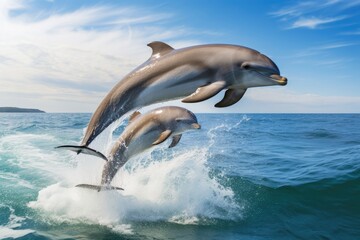 Playful dolphins leaping out of the water in unison.