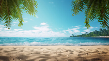 Tropical island sea beach, beautiful paradise nature panorama landscape, coconut palm tree green leaves, turquoise ocean water, blue sky sun white cloud, yellow sand, summer holidays, vacation, travel