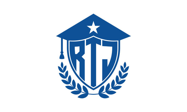 RTJ three letter iconic academic logo design vector template. monogram, abstract, school, college, university, graduation cap symbol logo, shield, model, institute, educational, coaching canter, tech