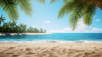 Tropical island sea beach, beautiful paradise nature panorama landscape, coconut palm tree green leaves, turquoise ocean water, blue sky sun white cloud, yellow sand, summer holidays, vacation, travel