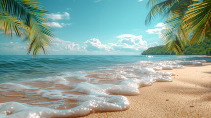 Tropical island sea beach, beautiful paradise nature panorama landscape, coconut palm tree green leaves, turquoise ocean water, blue sky sun white cloud, yellow sand, summer holidays, vacation, travel