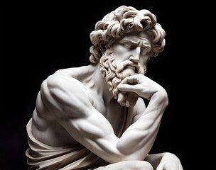 Marble statue of an ancient greek philosopher thinking. Black background.