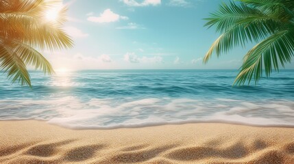 Obraz premium Tropical island sea beach, beautiful paradise nature panorama landscape, coconut palm tree green leaves, turquoise ocean water, blue sky sun white cloud, yellow sand, summer holidays, vacation, travel