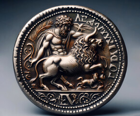 Ancient greek coin from Crete with a mythological scene, Herakles and a bull. - obrazy, fototapety, plakaty