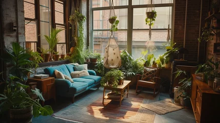 Foto op Aluminium Interior living room nature indoors with lush greenery, hanging plants, wood furniture against exposed brick walls, and large windows framing a verdant garden. biophilic design, urban jungle aesthetic © CraftyImago