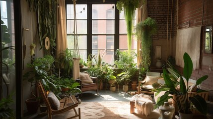 Interior living room nature indoors with lush greenery, hanging plants, wood furniture against exposed brick walls, and large windows framing a verdant garden. biophilic design, urban jungle aesthetic - obrazy, fototapety, plakaty