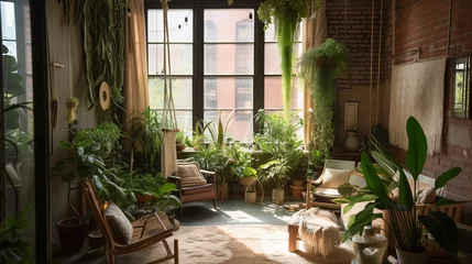 Foto op Aluminium Interior living room nature indoors with lush greenery, hanging plants, wood furniture against exposed brick walls, and large windows framing a verdant garden. biophilic design, urban jungle aesthetic © CraftyImago